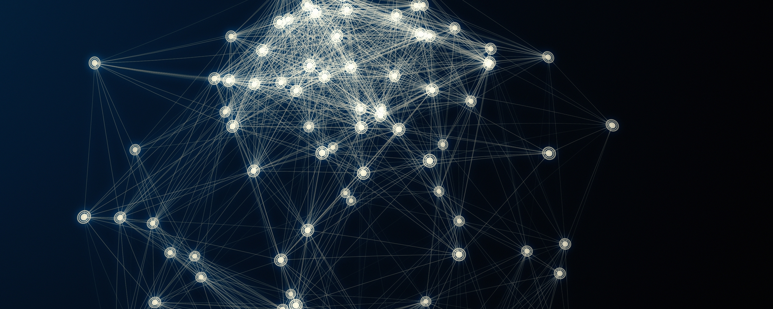 Digital network visualization with interconnected white nodes and lines on a dark background, representing data clusters or neural connections.